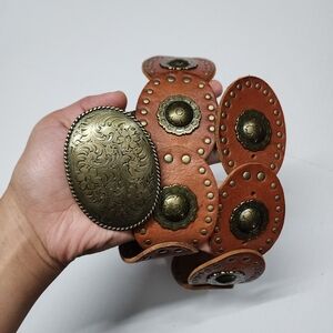 Vtg Fossil Concha Leather Belt Sz M Brown Floral Embossed Boho Western Cowgirl